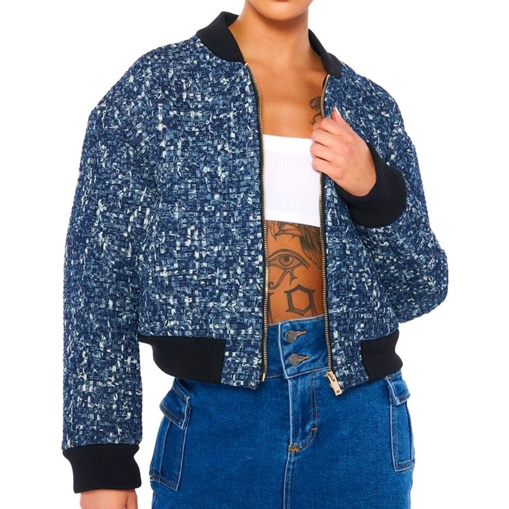 Callie Lives Miz Micro Denim Blue Pixel Weave Akira Bomber Jacket Coat SMALL